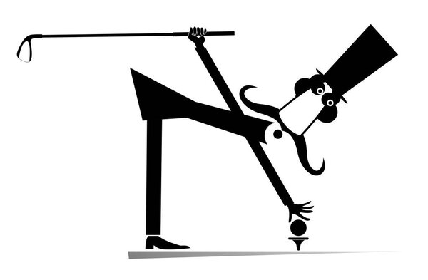 Мультфильм длинные усы играет в гольф иллюстрации. Забавный длинный усатый мужчина в цилиндре держит клюшку для гольфа и ставит мяч на трибуну черный на белом