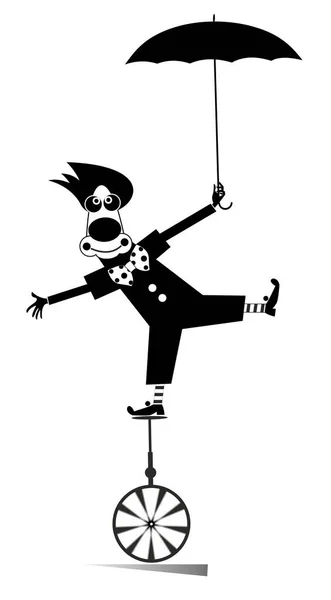 Rovnostářský Klaun Balancuje Jednokolce Deštníkem Karikatura Klaun Bilance Jednokolce Drží — Stockový vektor