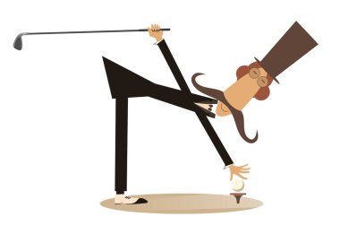 Çizgi film uzun bıyığı golf illüstrasyonu oynuyor. Silindir şapkalı komik, uzun bıyıklı adam elinde golf sopasıyla kürsüye bir top koydu.