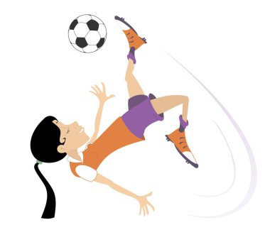 Futbol oynayan gülümseyen genç kadın izole bir illüstrasyon. Çizgi filmdeki futbolcu kadın, beyaza izole edilmiş bir topu dövüyor.