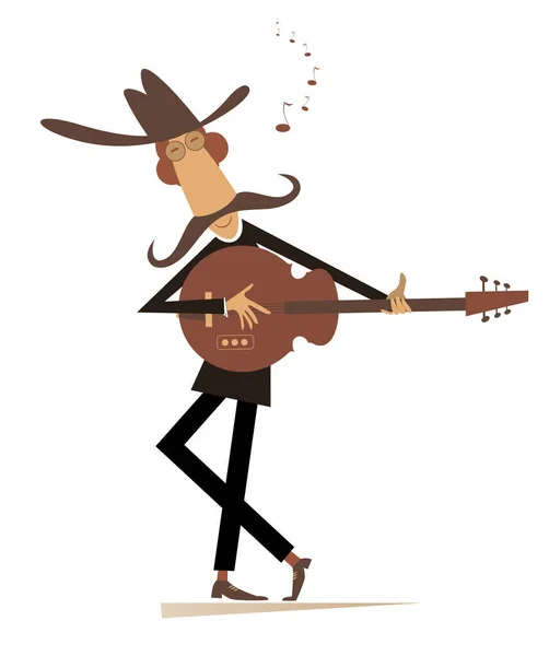 ギター独立したイラストを演奏面白い若い男 漫画男でザカウボーイ帽子あります演奏ギター孤立オンホワイト — ストックベクタ