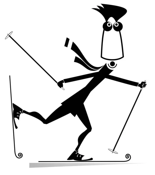 Hombre Gracioso Una Ilustración Esquiador Dibujos Animados Joven Está Esquiando — Vector de stock