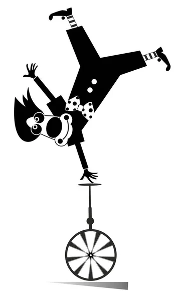 ユニサイクルイラストの面白いピエロのバランス 漫画笑顔ピエロ天国の足アップ上のユニサイクル黒上の白 — ストックベクタ