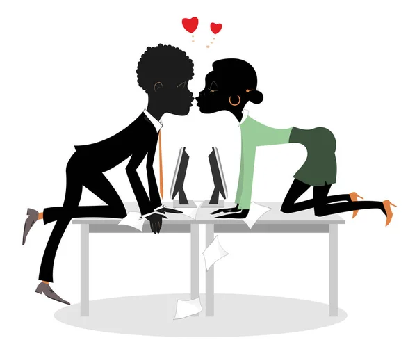 非洲男人和女人之间的办公室恋情年轻的非洲男人和女人坠入爱河 并在办公室里亲吻 与白人隔离 — 图库矢量图片