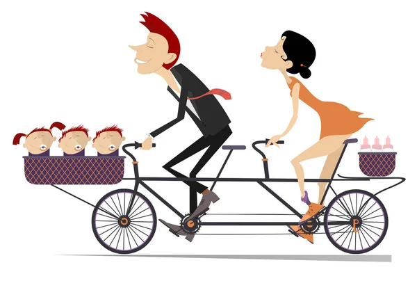 Hombre Mujer Tres Bebés Caucásicos Viajan Ilustración Tándem Bicicleta Feliz — Archivo Imágenes Vectoriales