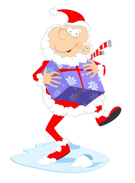 Feliz Navidad Santa Claus Lleva Una Enorme Caja Regalo Con — Vector de stock