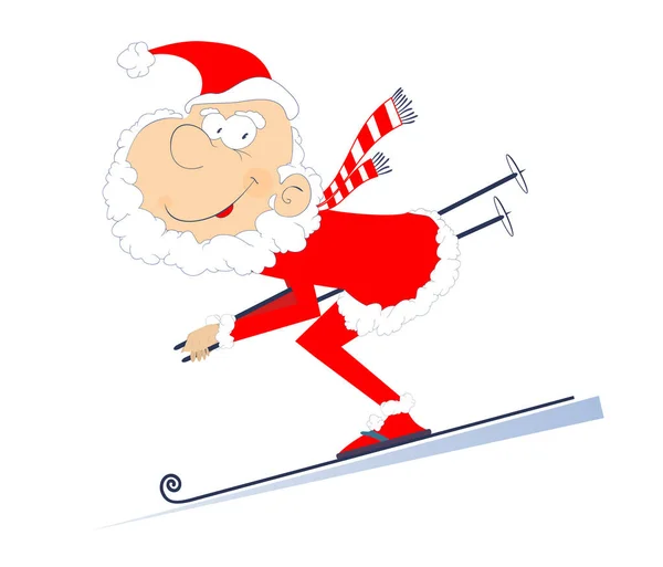 Cartoon Santa Claus Una Ilustración Esquiador Esquí Sonriente Santa Claus — Vector de stock