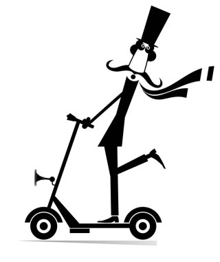 Silindir şapkalı bıyıklı adam scooter illüstrasyonuna biniyor. Uzun bıyıklı adam silindir şapkalı, beyaz üzerine siyah ekolojik olarak temiz şehir aracı sürüyor.