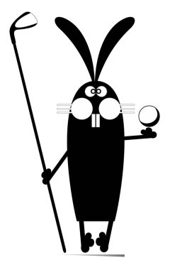 Çizgi film tavşanı golf oynar. Golf sopalı komik tavşan ve beyaz üzerine siyah golf topları.