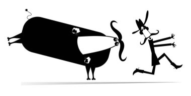 Çiftçi ya da kovboy ve kızgın boğa çizimi. Korkan uzun bıyıklı çiftçi ya da kovboy şapkalı kovboy kızgın boğadan kaçıyor.