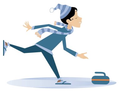 Gülümseyen genç kadın, izole edilmiş kıvrımlı çizimler oynuyor. Genç bir kadın beyaz resimde izole edilmiş bir hedefe doğru bir taş itiyor. 