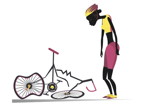 Kerékpáros Afrikai Egy Törött Kerékpár Elszigetelt Illusztráció Szomorú Afrikai Áll — Stock Vector