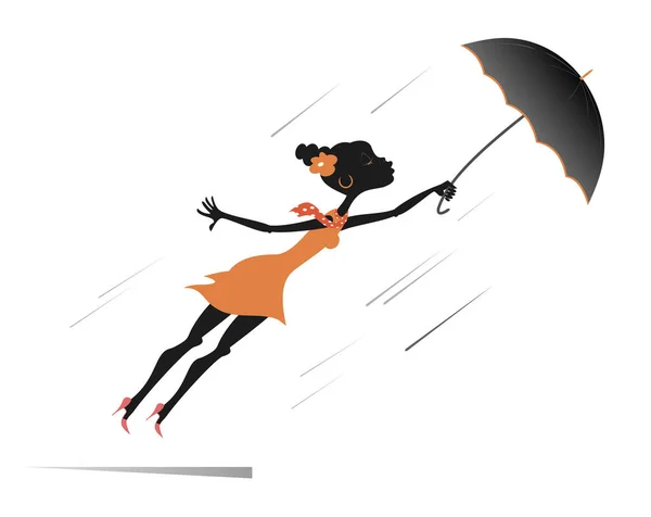 多风的天气 年轻的非洲妇女和伞孤立的例证 一个漂亮的年轻非洲女人 带着一把雨伞 被风吹走了 与白色隔离 — 图库矢量图片