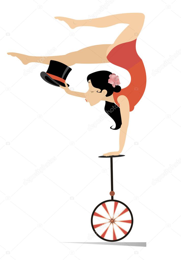 Pretty woman rides on the unicycle illustration. Sexy young woman holding a top hat in the hand and balancing upside down on the unicycle isolated on white