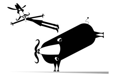 Çiftçi ya da kovboy ve kızgın boğa çizimi. Korkmuş uzun bıyıklı çiftçi ya da kovboy şapkalı kovboy kızgın boğadan beyaz üzerine düşüyor.