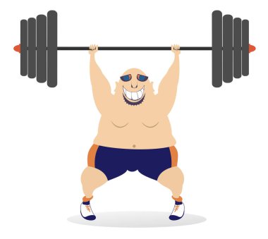 Çizgi film büyük adam bir halterci illüstrasyonu. Karikatür gibi güçlü bir adam ağır bir ağırlığı kaldırmaya çalışıyor.