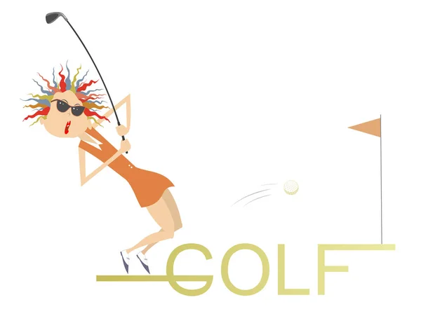 Genç golfçü kadın golf illüstrasyonunun üzerinde duruyor. Genç golfçü kadın iyi bir tekme atmaya çalışıyor. Beyazlar üzerinde izole golf sözcüğünün üzerinde duruyor.