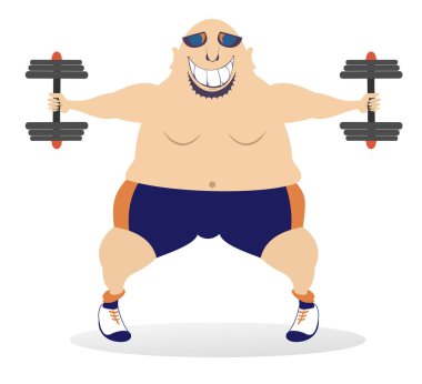 Çizgi filmdeki güçlü adam, halterlerle egzersiz yapıyor. Güneş gözlüklü kel kafalı adam, halterleri beyaza ayrılmış bir şekilde egzersiz yapıyor.