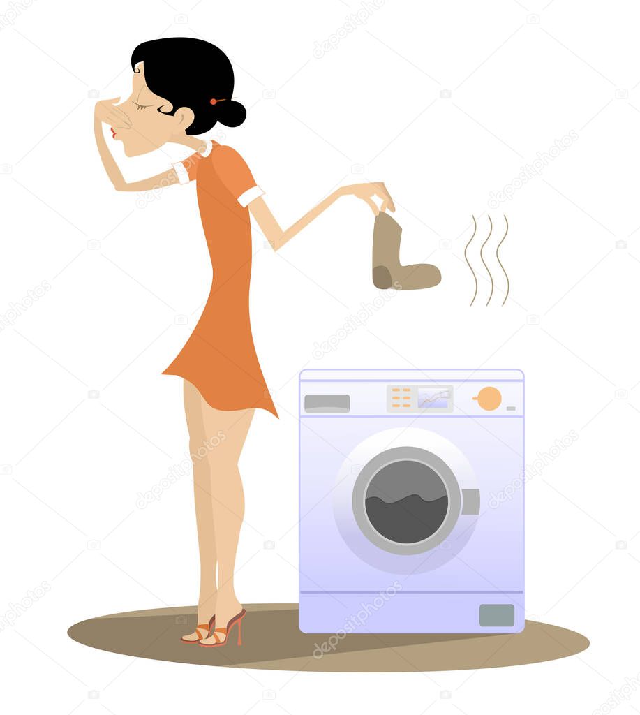 Woman is going to wash dirty laundry in the washing machine illustration.Young woman stands near washing machine holds her nose from dirty laundry odor nuisance isolated on white