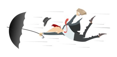 Rüzgarlı bir gün ve insan şemsiye çizimi ile uçar. Şemsiyeli bir adam gitti rüzgar silueti ile siyah beyaz üzerine