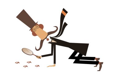 Çizgi film uzun bıyıklı dedektif çizimi. Silindir şapkalı uzun bıyıklı dedektif beyaz resimdeki siyah izleri takip ediyor.