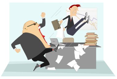 Angry boss and employee illustration. Angry chief scolds his frightened employee and kicks him to the ass