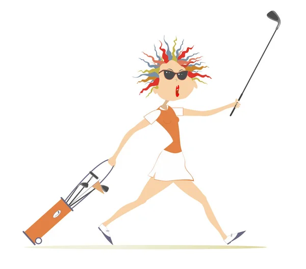 Sorridente Golfista Donna Giocare Golf Illustrazione Donna Cartone Animato Occhiali — Vettoriale Stock