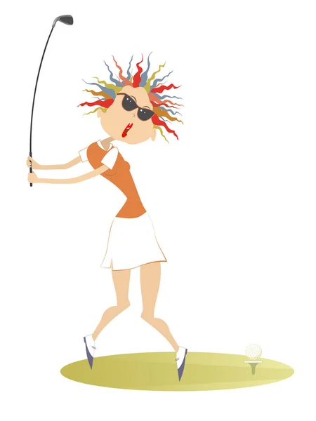 若い女性はゴルフコースのイラストにゴルファー 白い上に隔離されたスタンドから良いキックを行うことを目指してサングラスの漫画のゴルファー女性 — ストックベクタ