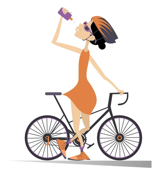 Ciclista Bicicletta Beve Acqua Isolato Illustrazione Cartoon Ciclista Donna Casco — Vettoriale Stock