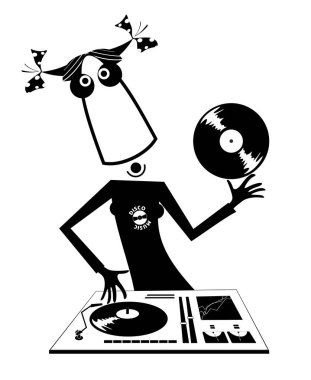 Çizgi film komik DJ kız çizimi. Garip DJ kız, kontrol panelinde beyaz resimde siyah müzik yapıyor.