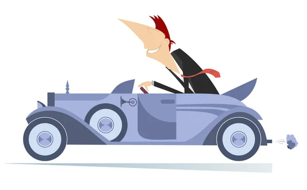 Giovanotto Sorridente Guida Illustrazione Auto Elegante Uomo Guida Cabriolet Isolato — Vettoriale Stock