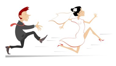 Evli bir çift. Gelin, damat resminden kaçar. Kızgın damat, beyaz üzerinde izole edilmiş kaçak bir gelini yakalamaya çalışır.
