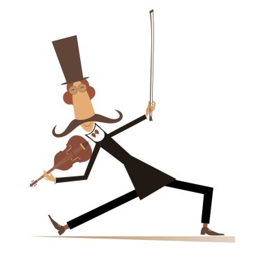 Çizgi film uzun bıyıklı kemancı illüstrasyonu. Silindir şapkalı gülümseyen bıyıklı adam keman ve keman çubuğuyla beyaz resimde izole edilmiş.