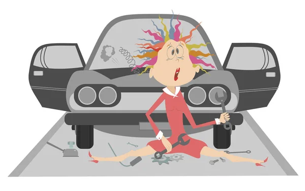 Sad Young Woman Broken Car Illustration Upset Woman Wrenches Hands — Stock Vector