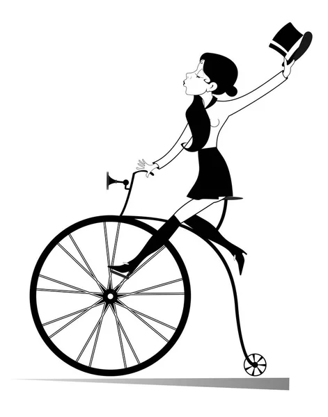 Młoda Kobieta Cylindrze Jeździ Rowerze Retro Ilustracji Atrakcyjna Młoda Kobieta — Wektor stockowy