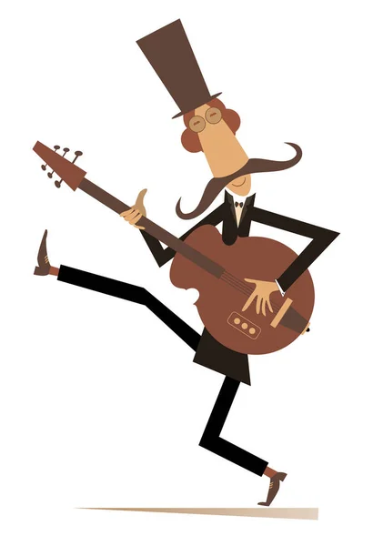Cartoon Long Mustache Guitarist Playing Music Illustration Mustache Man Top — Stock Vector