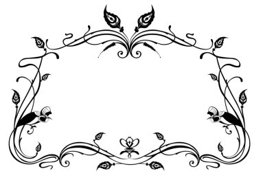 Tasarım için orijinal kuşlar ve bitki çerçevesi. Kaligrafi. Orijinal kuşlar ve çiçek çerçevesi beyaz resimde siyah.