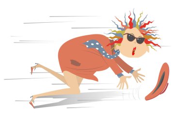 Tarz sahibi genç bir kadın ve güçlü bir rüzgar çizimi. Güneş gözlüklü genç bir kadın, rüzgarda ıssız kalmış bir şapkayı yakalamaya çalışıyor.