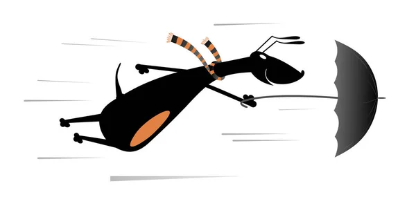 Windigen Tag Und Hund Fliegt Mit Regenschirm Illustration Cartoon Dackel — Stockvektor