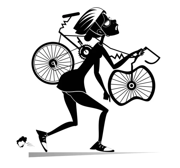 Ciclista Stanco Con Una Bicicletta Rotta Isolato Illustrazione Stanco Cartone — Vettoriale Stock