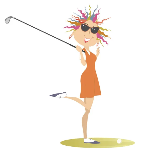 Golf Sahasındaki Genç Golfçü Kadın Güneş Gözlüklü Gülümseyen Golfçü Kadın — Stok Vektör