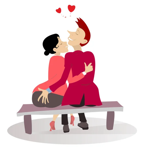 爱情夫妻约会的例证 心脏的符号 男青年和女青年坐在长椅上 彼此拥抱 彼此孤零零地躺在白色的长椅上 — 图库矢量图片