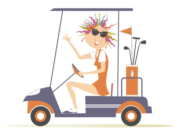 Young Golfer Woman Ride Golf Cart Car Illustration Smiling Pretty — Stock Vector