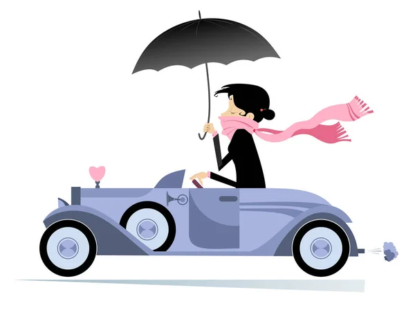 Pretty Woman Drives Car Illustration Elegant Young Woman Long Pink — Stock Vector