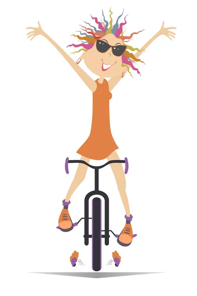 Desenhos Animados Ciclista Mulher Monta Uma Bicicleta Illustration Happy Ciclista — Vetor de Stock