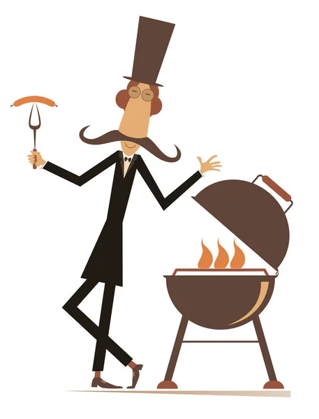 Zeichentrickmann Und Barbecue Illustration Komische Lange Schnurrbart Mann Mit Zylinder — Stockvektor