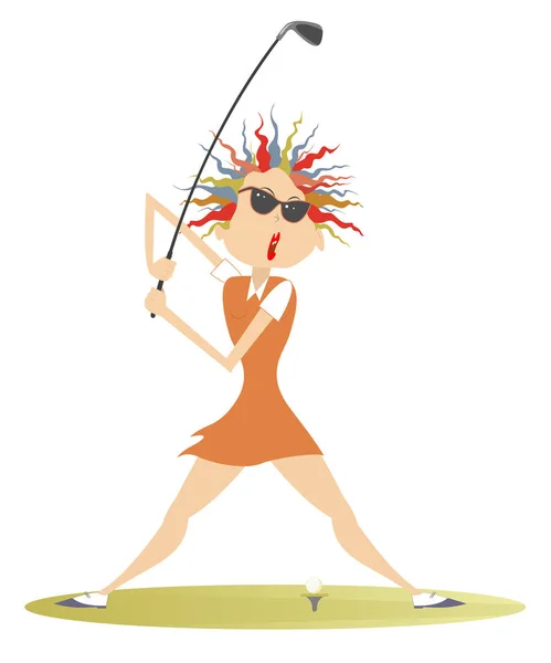 Jonge Vrouw Een Golfer Golfbaan Illustratie Cartoon Golfer Vrouw Zonnebril — Stockvector