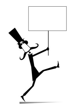 Silindir şapkalı adam bir pankart illüstrasyonu tutuyor. Çizgi filmdeki uzun bıyıklı adam elinde beyaz üzerine siyah bir pankart tutuyor.