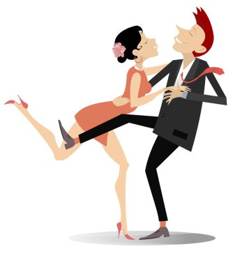 Dans eden genç çift çizimi. Beyaz resimde izole edilmiş komik dans eden genç adam ve kadın.