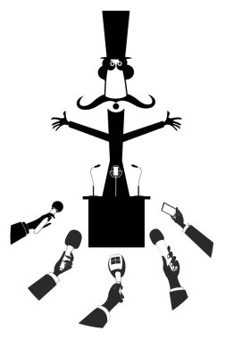 Man stays on a tribune in front the mass media. Illustration.Hands of reporters with microphones and the long mustache man in the top hat makes a speech from tribune black on white clipart